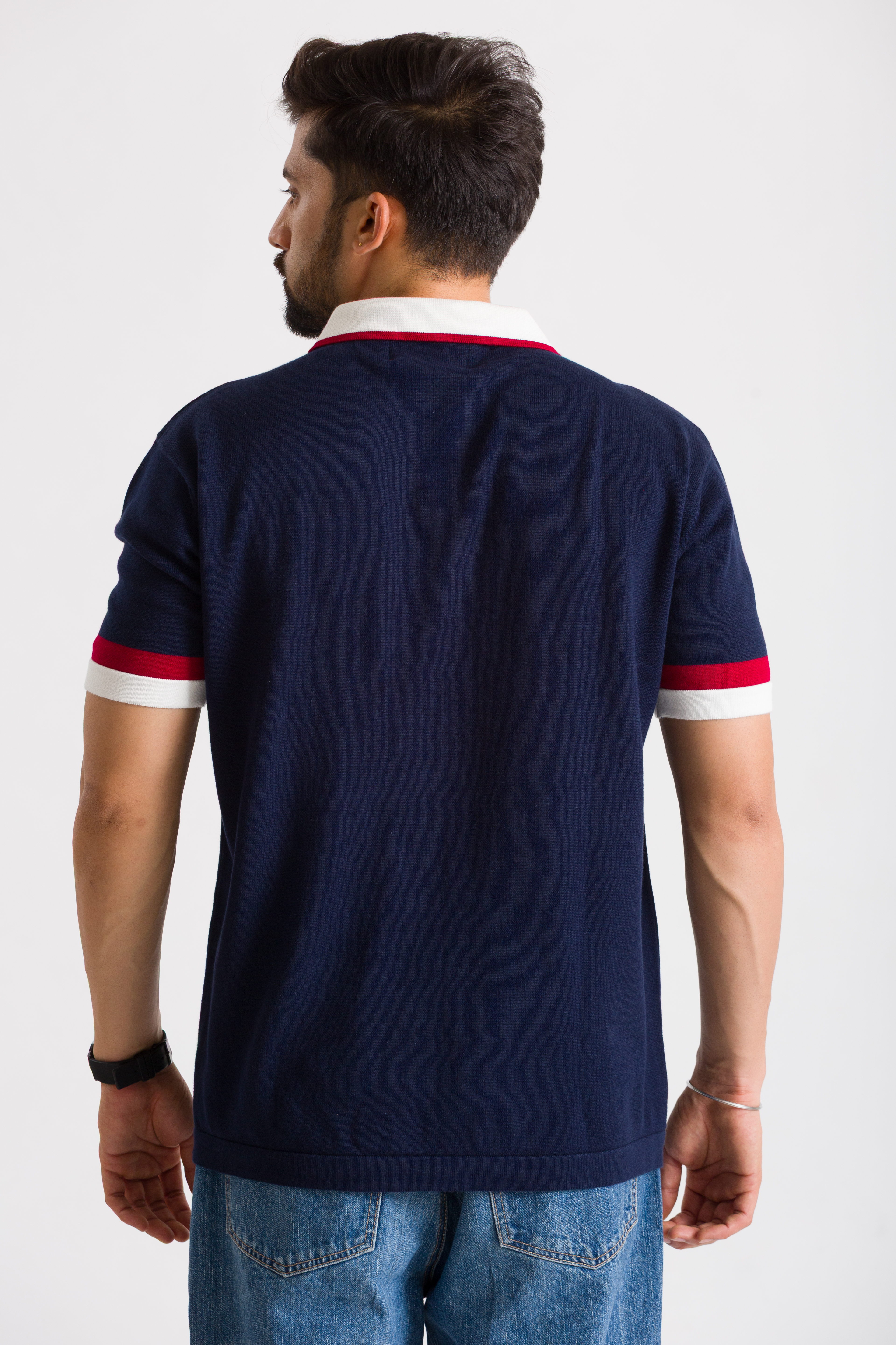 Knitted Navy Blue (Red & White Stripes) Polo T-Shirt